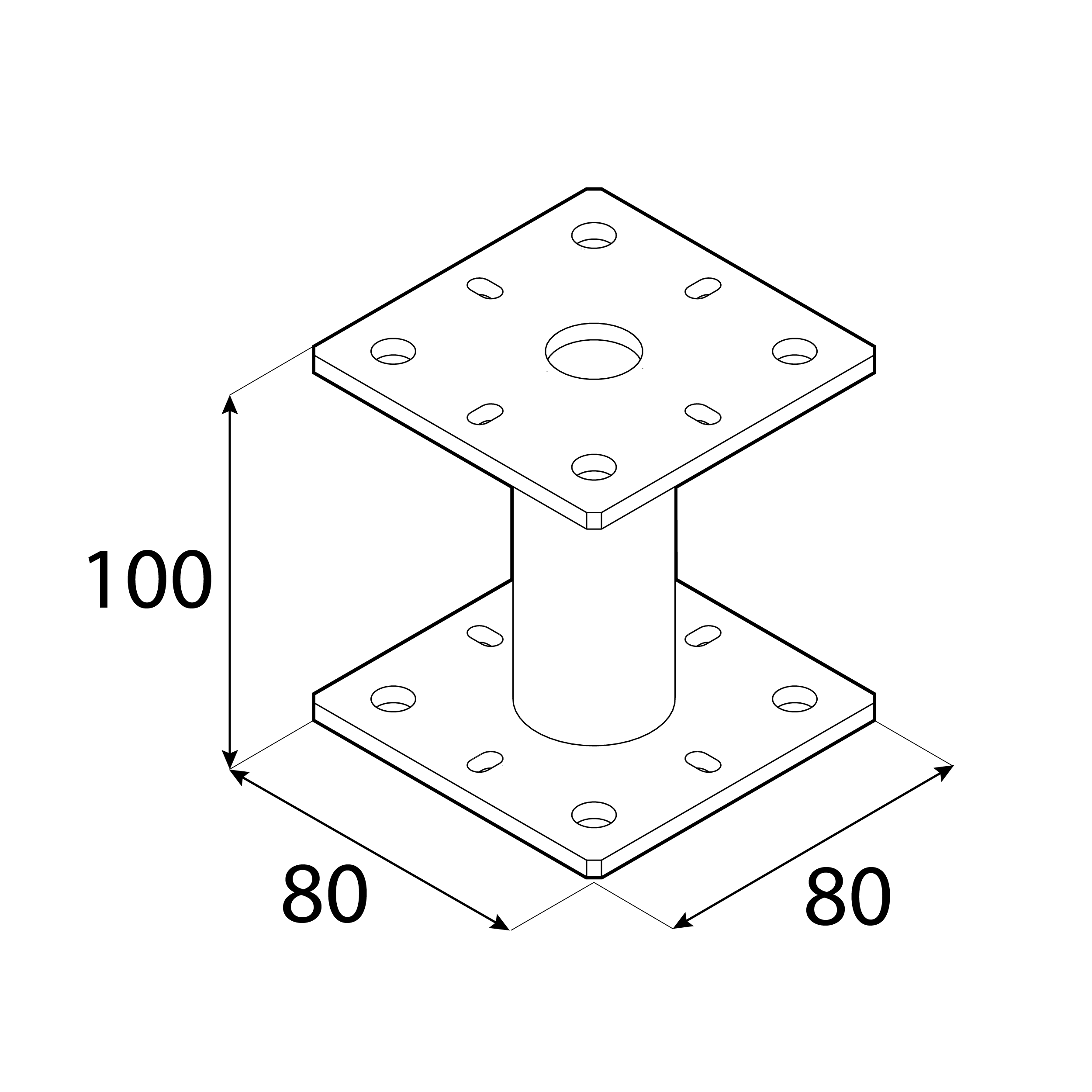 Pfostenträger flach Konsole mit Rohr - PMF | 80x80 mm | 100 mm | feuerverzinkt Mastfußanker-Flachhalterung mit PMF-Rohr, 80x80 mm, 100 mm, Silber, 80x80x100x4,0 mm 100.